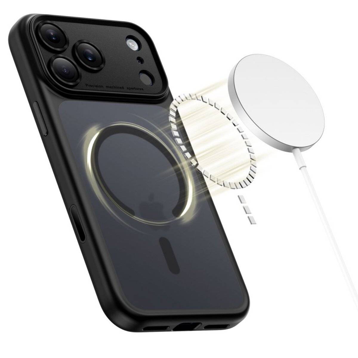 Ein Smartphone mit einer kreisförmigen magnetischen Ladevorrichtung auf der Rückseite, kombiniert mit einem kabellosen Ladegerät, das die Möglichkeit des kabellosen Ladens hervorhebt.