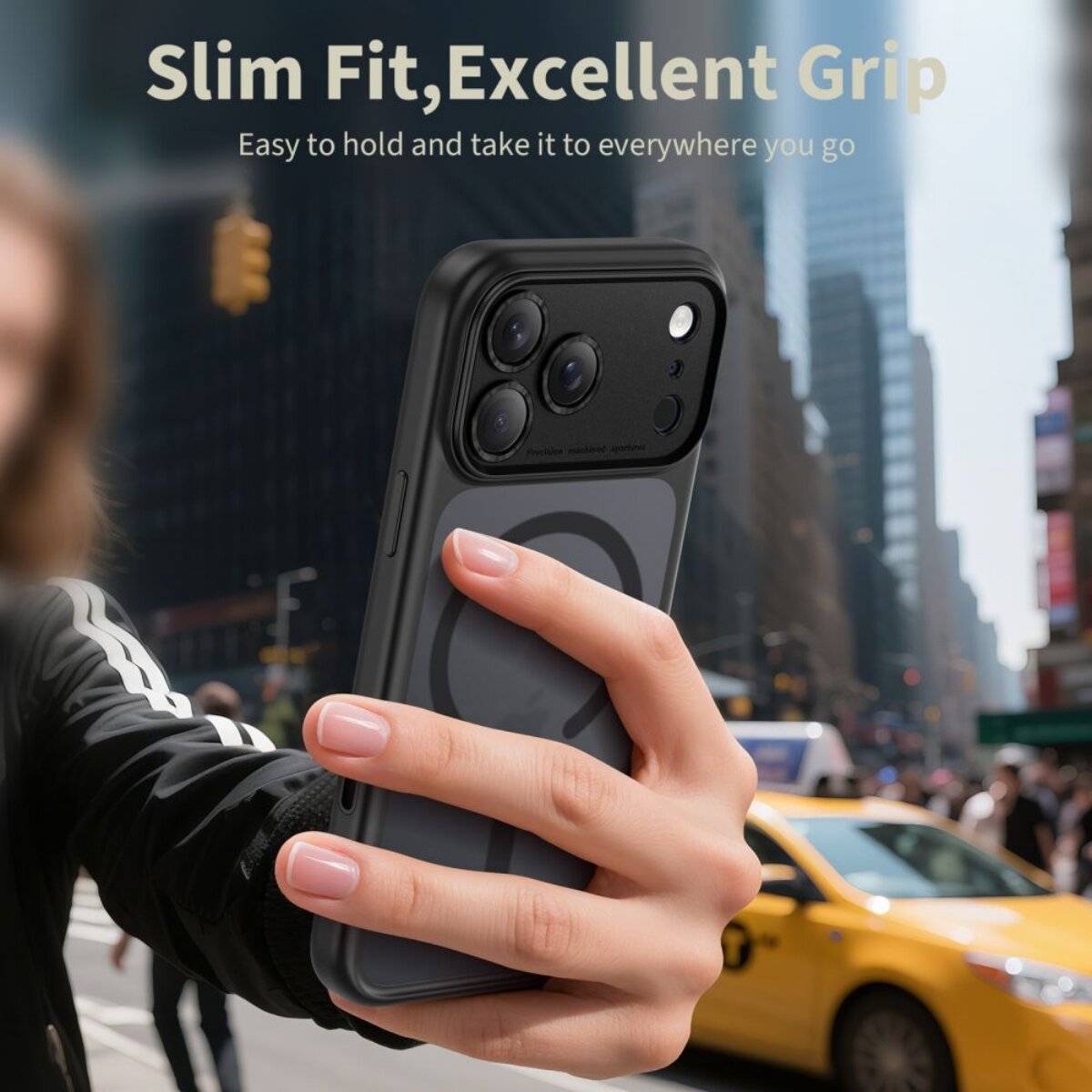 Eine Person, die ein Smartphone mit der Nachricht „Slim Fit, Excellent Grip