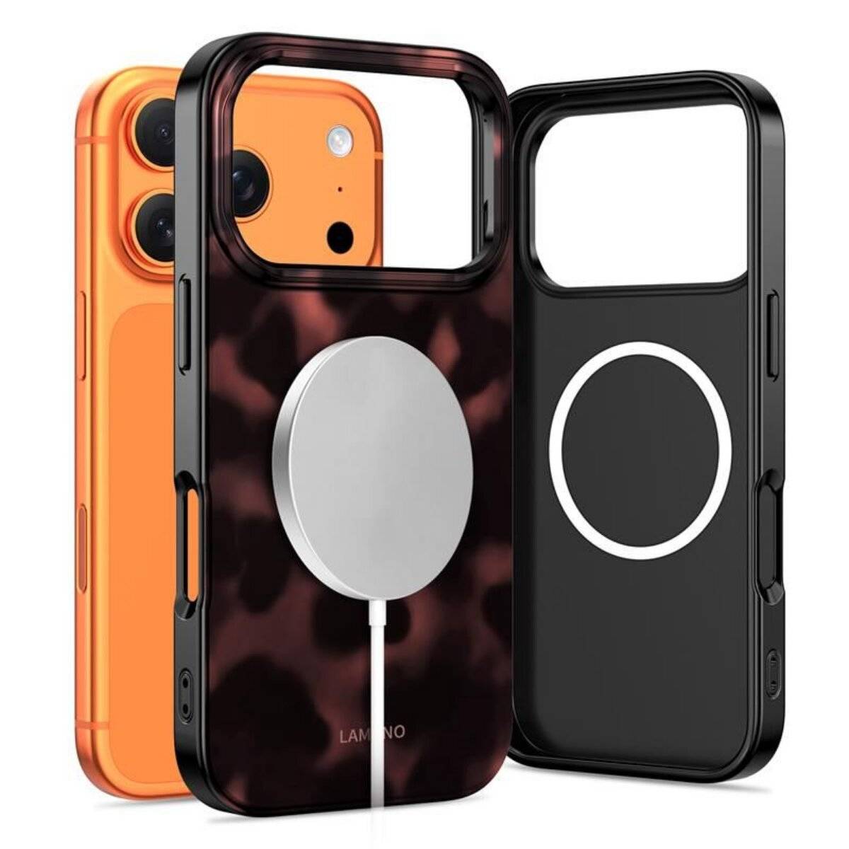 Drei iPhone-Hüllen werden von hinten gezeigt. Die rechte Hülle ist schwarz mit einem weißen Kreis, der die Kompatibilität mit kabellosem Laden anzeigt.
