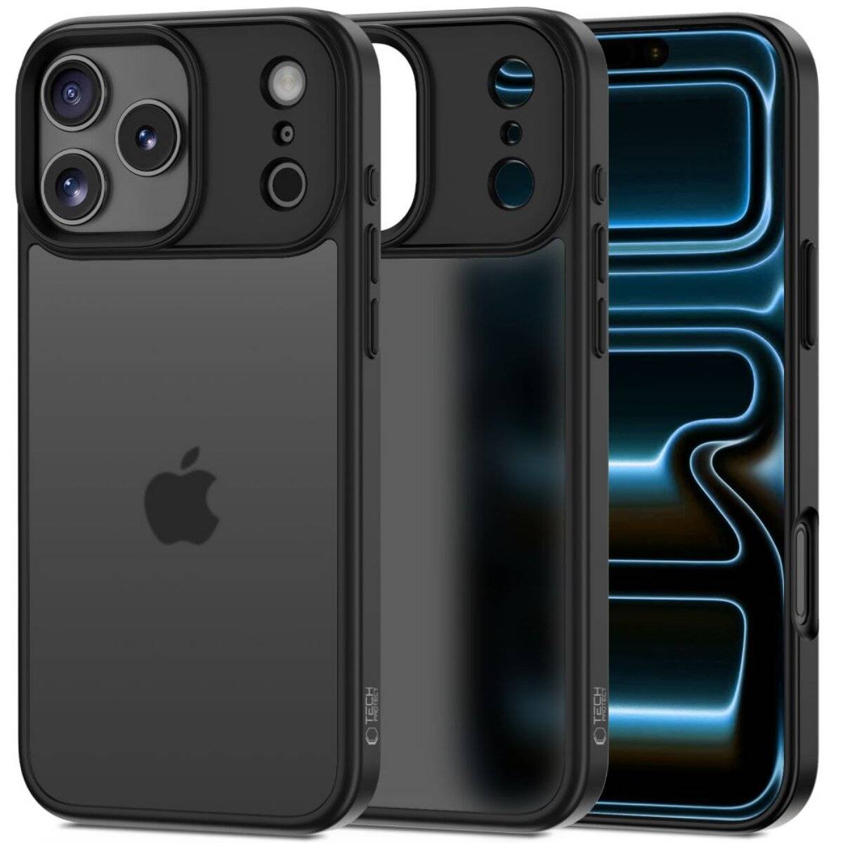 Drei schwarze Smartphone-Hüllen im Display: eine mit einem Telefon, das ein abstraktes blaues Design zeigt, und zwei leere, die Kamera-Ausschnitte hervorheben.