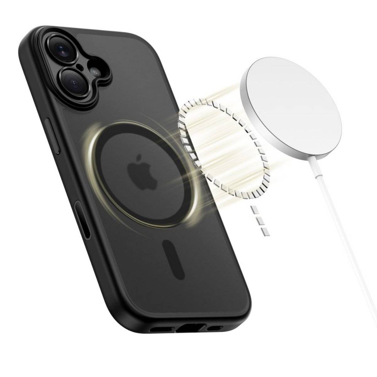 Ein schwarzes Smartphone-Etui mit einem kreisförmigen Magnetbereich wird zusammen mit einer silbernen kabellosen Ladestation gezeigt, die die Ladefähigkeit veranschaulicht.