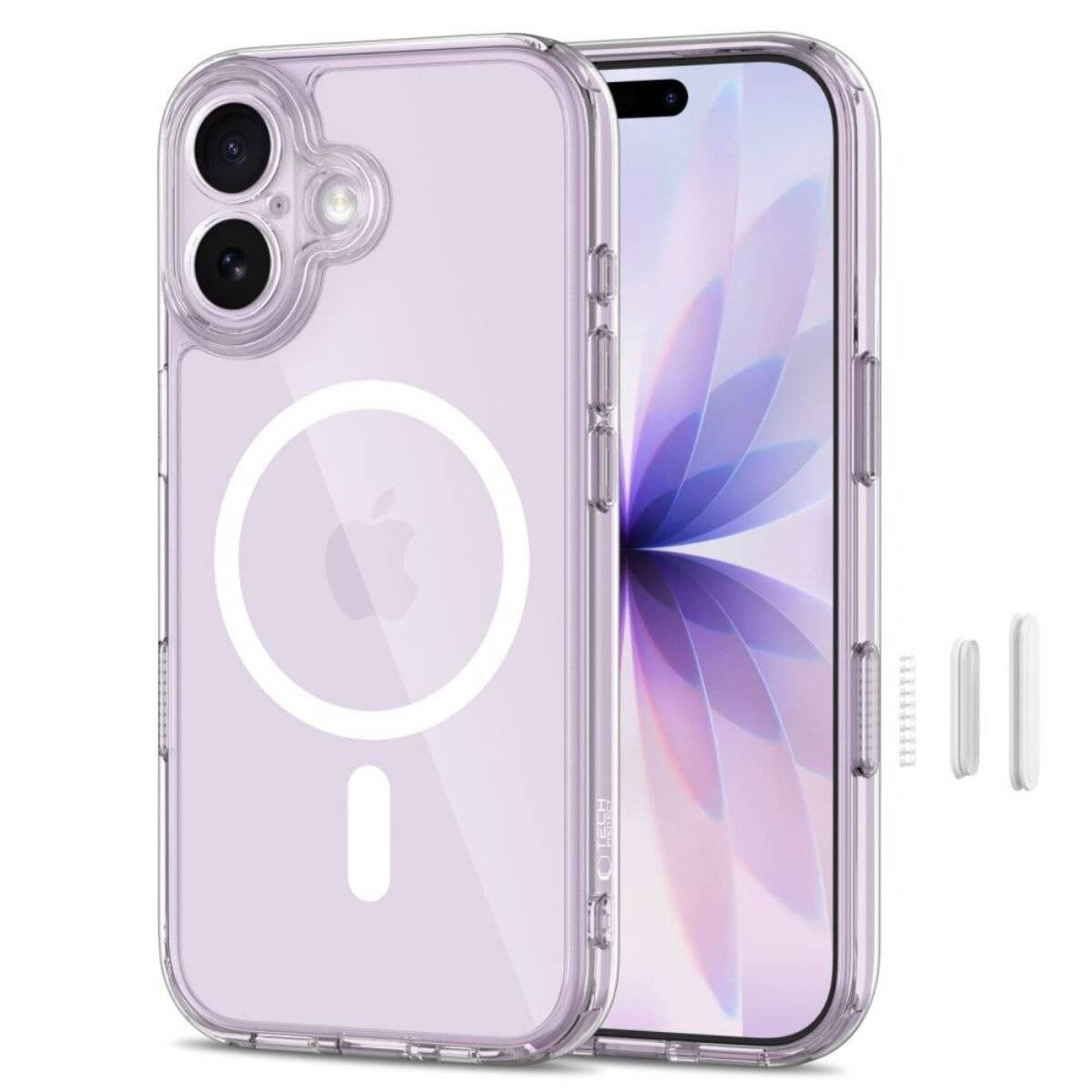 Eine klare Schutzhülle für das Telefon, die das Apple-Logo zur Schau stellt und die Kompatibilität mit MagSafe hervorhebt. Das Display des Telefons zeigt eine blumenähnliche Grafik.