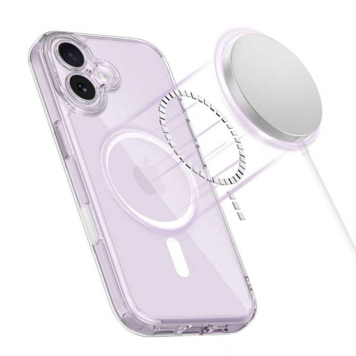 Transparente Handyhülle mit integriertem MagSafe-Ring und Linsenausschnitten, mit einem MagSafe-Ladepad in der Nähe, das die Funktionalität zeigt.