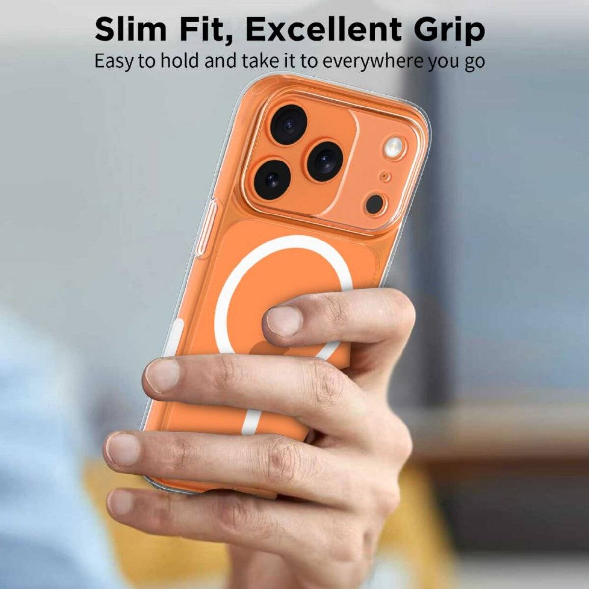 Eine Hand hält ein oranges Smartphone mit einer Kamera, mit Text oben: „Slim Fit, Excellent Grip