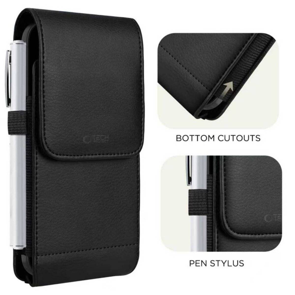 Schwarze Lederhandytasche mit Clip und Stifthalter; Detail zeigt Ausschnitte an der Unterseite für einfachen Anschlussszugriff.