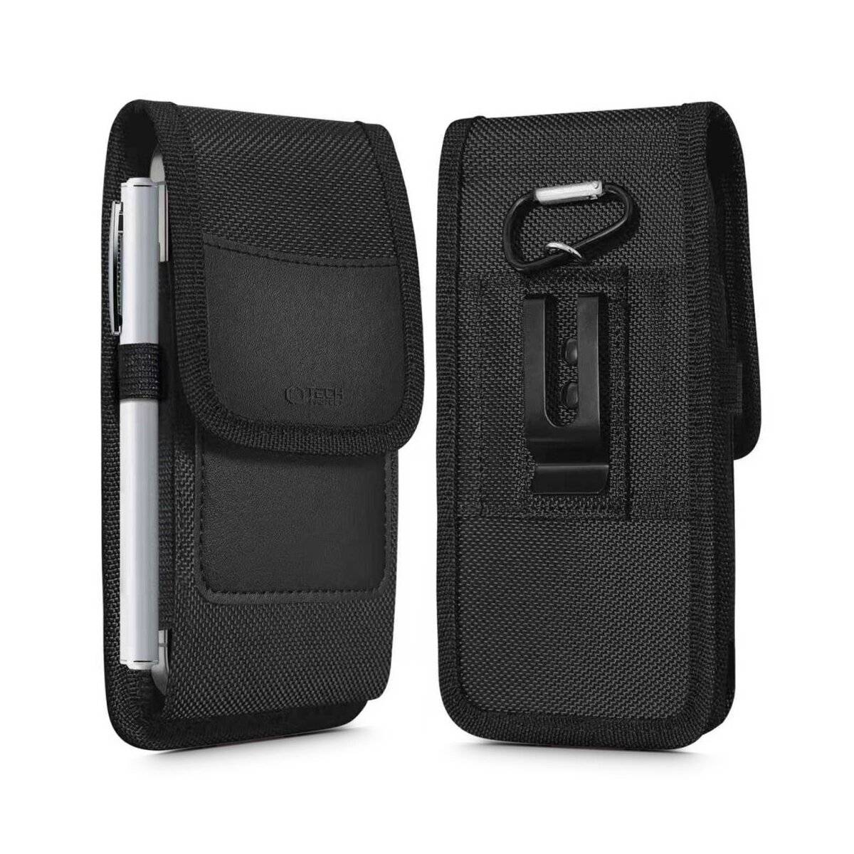 Ein schwarzes vertikales Telefonholster mit Klappenver­schluss und Gürtelclip, dargestellt von vorne und von hinten. Geeignet zum sicheren Tragen eines Smartphones.