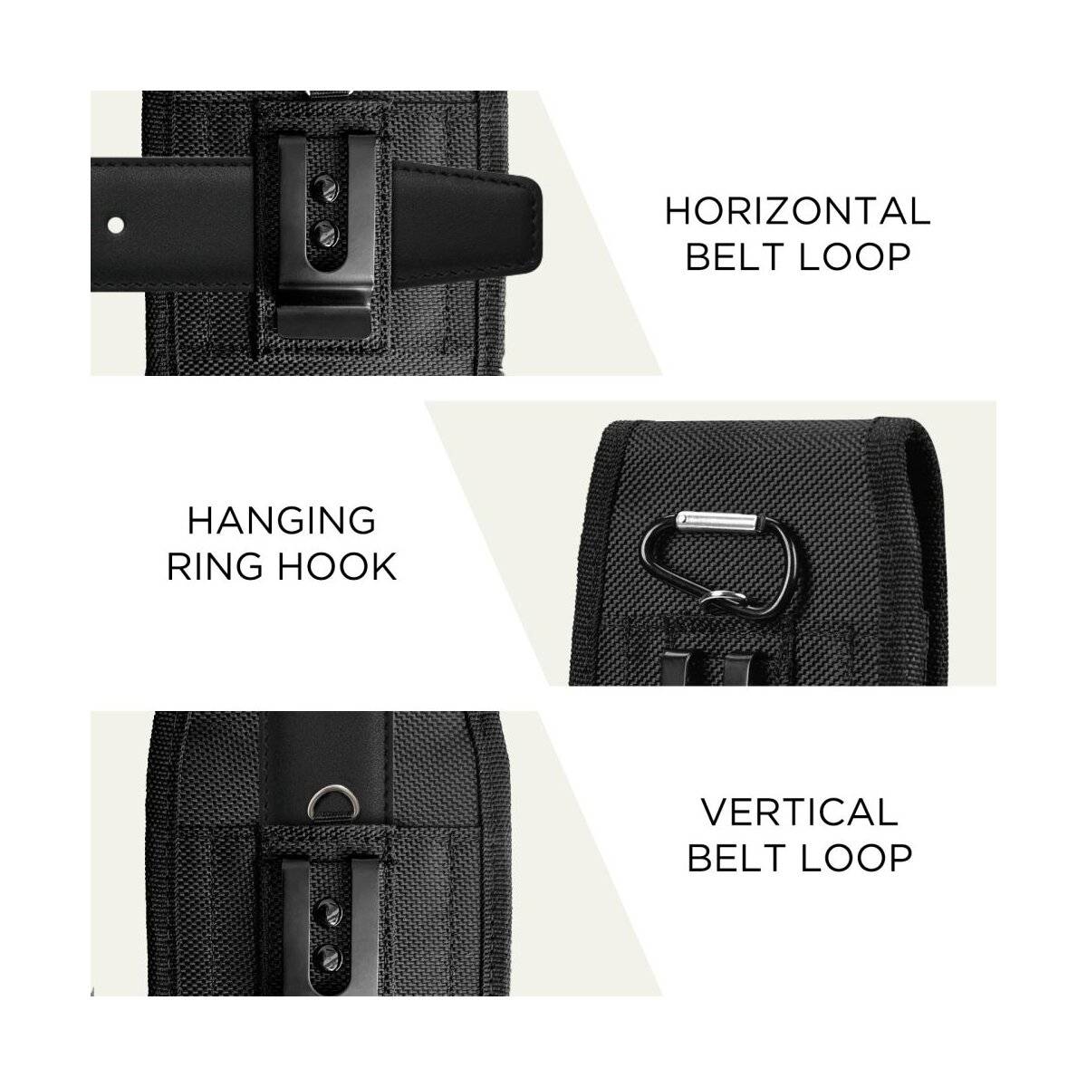Drei Bilder zeigen eine schwarze Tasche mit Befestigungsoptionen: eine horizontale Gürtelschlaufe, einen hängenden Ringhaken und eine vertikale Gürtelschlaufe.