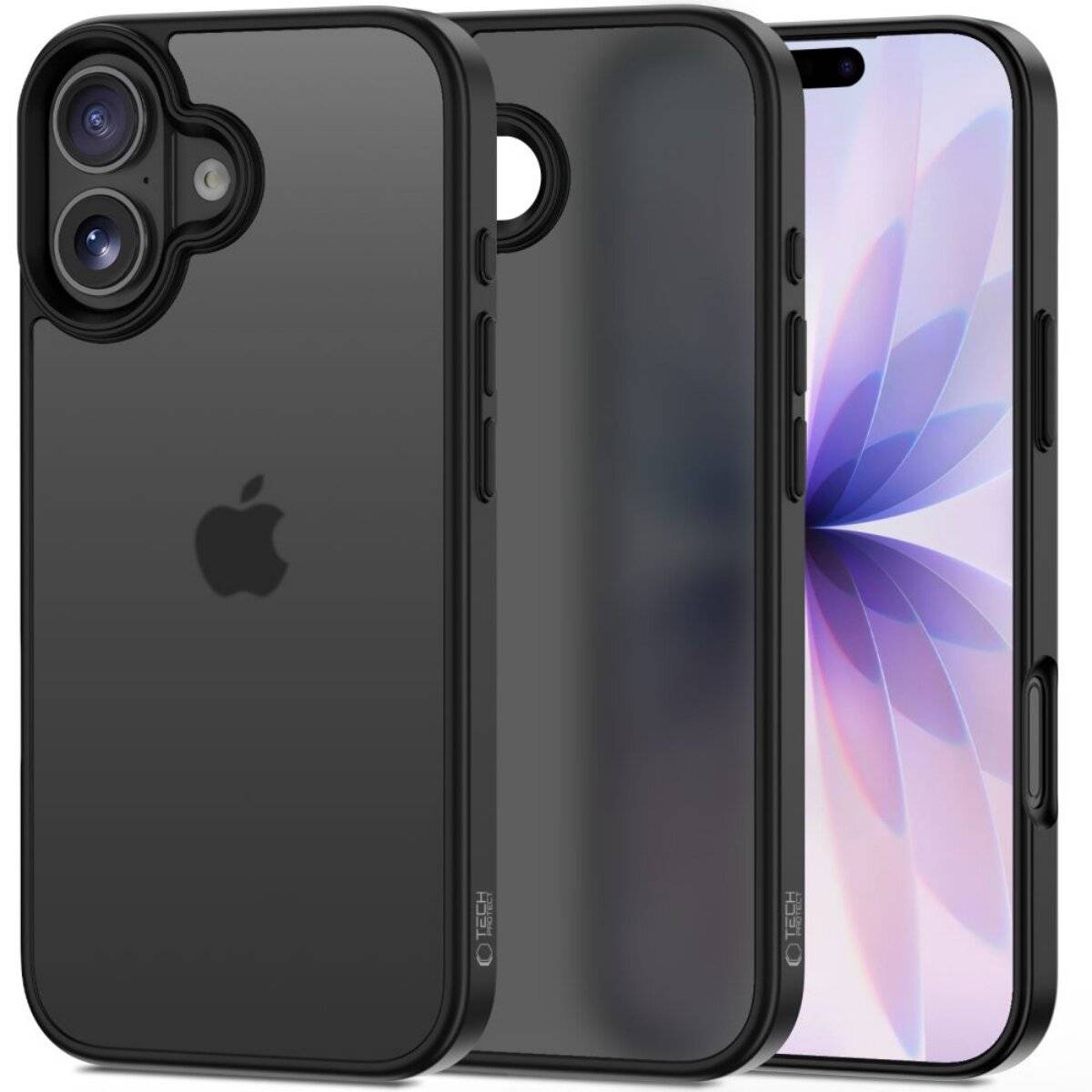 Schwarze Smartphone-Hülle mit Apple-Logo, zusammen mit einem Telefonbildschirm mit einem blumenähnlichen Tapeten-Design dargestellt.