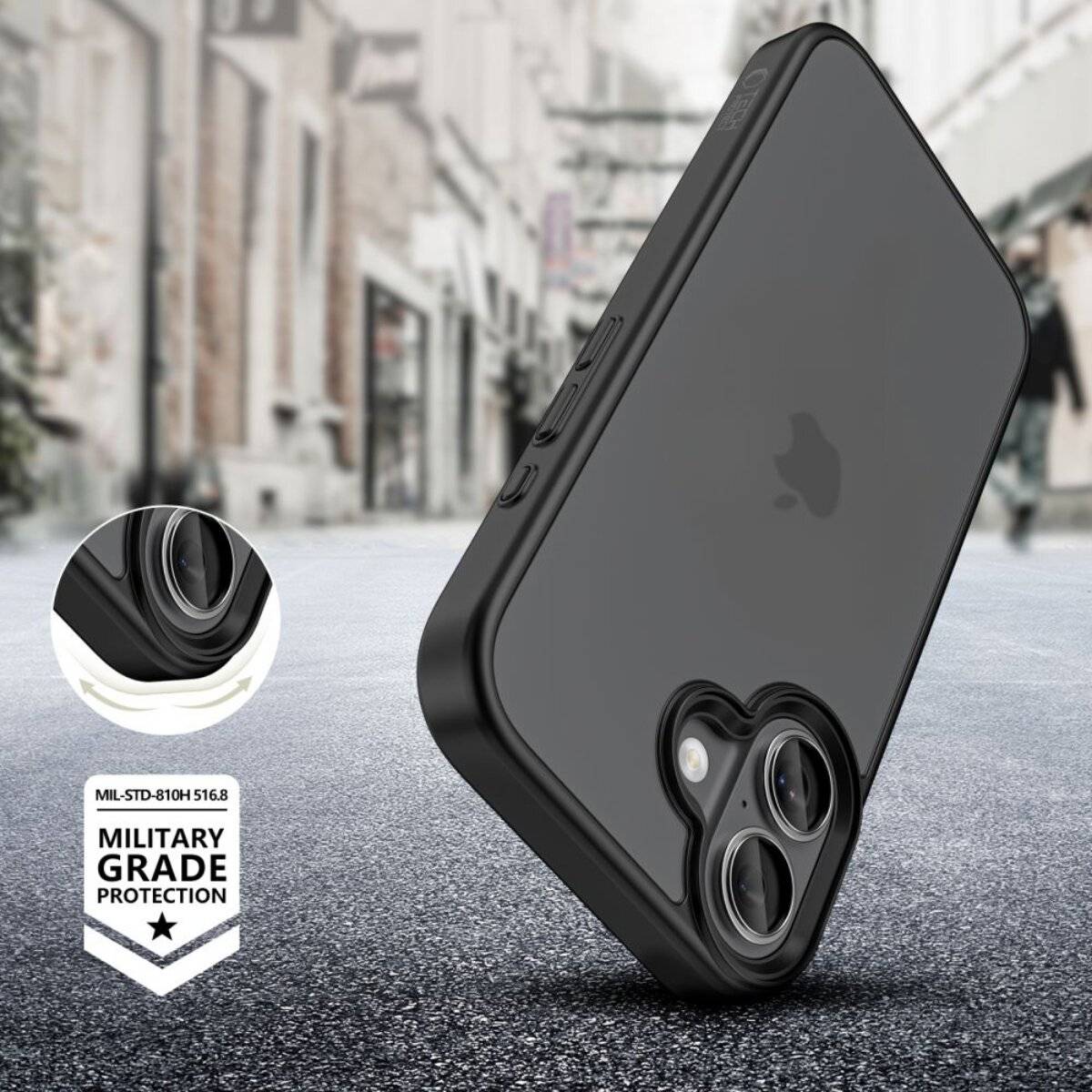 Ein schwarzes Handycover mit verstärkten Ecken, beschriftet mit „MILITARY GRADE PROTECTION
