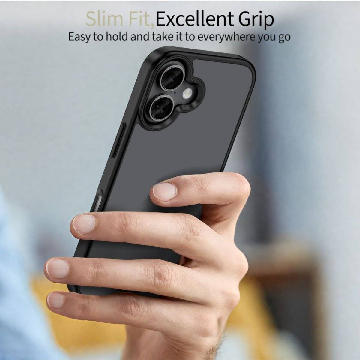 Eine Hand hält ein Smartphone mit einer schlanken schwarzen Schutzhülle. Der Text darüber lautet „Slim Fit, Excellent Grip