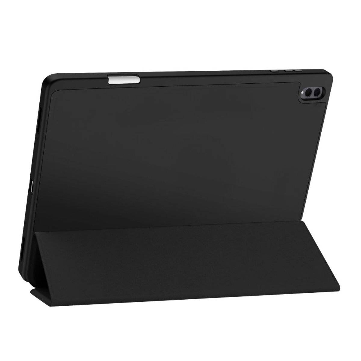 Ein schwarzes Tablet mit einer Doppelkamera in der oberen rechten Ecke, gestützt auf einem ausgeklappten Ständer, positioniert auf einer flachen Oberfläche.