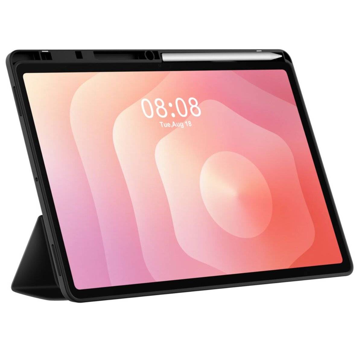 Ein schwarzes Tablet mit einem roten und rosa abstrakten Kreismuster auf seinem Bildschirm, das die Uhrzeit „08:08