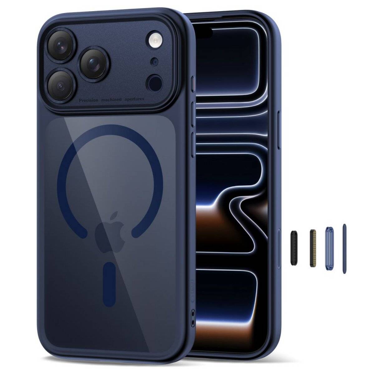 Ein blaues iPhone mit drei rückwärtigen Kameras und einem MagSafe-Design wird zusammen mit anpassbaren Seitentasten angezeigt.
