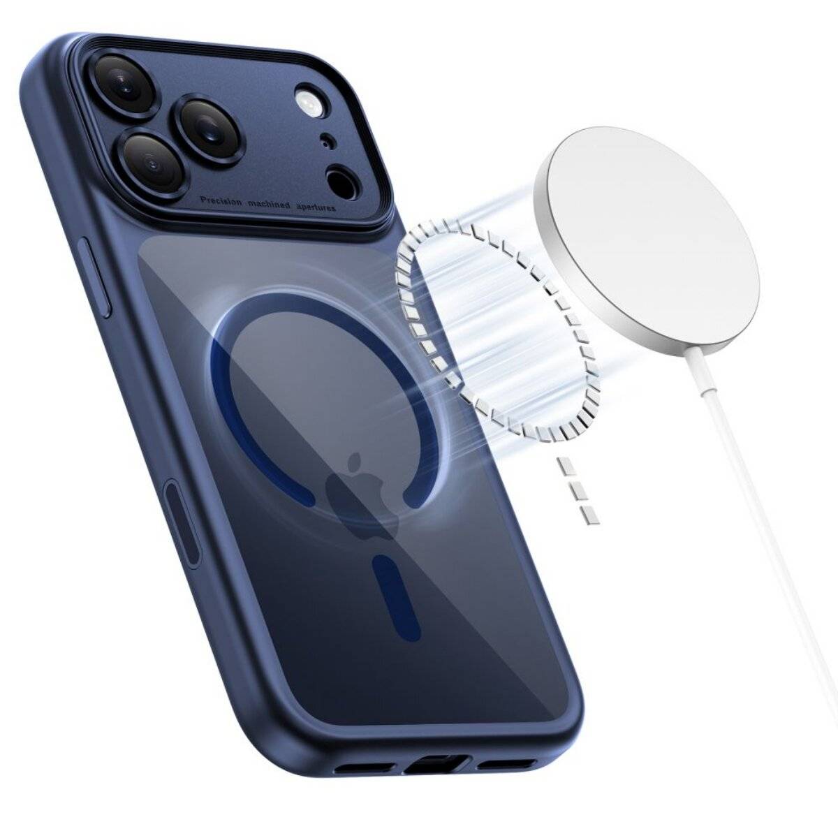Ein Smartphone mit einer durchsichtigen Hülle wird neben einem magnetischen kabellosen Ladegerät gezeigt, das seine Ladefähigkeit demonstriert.