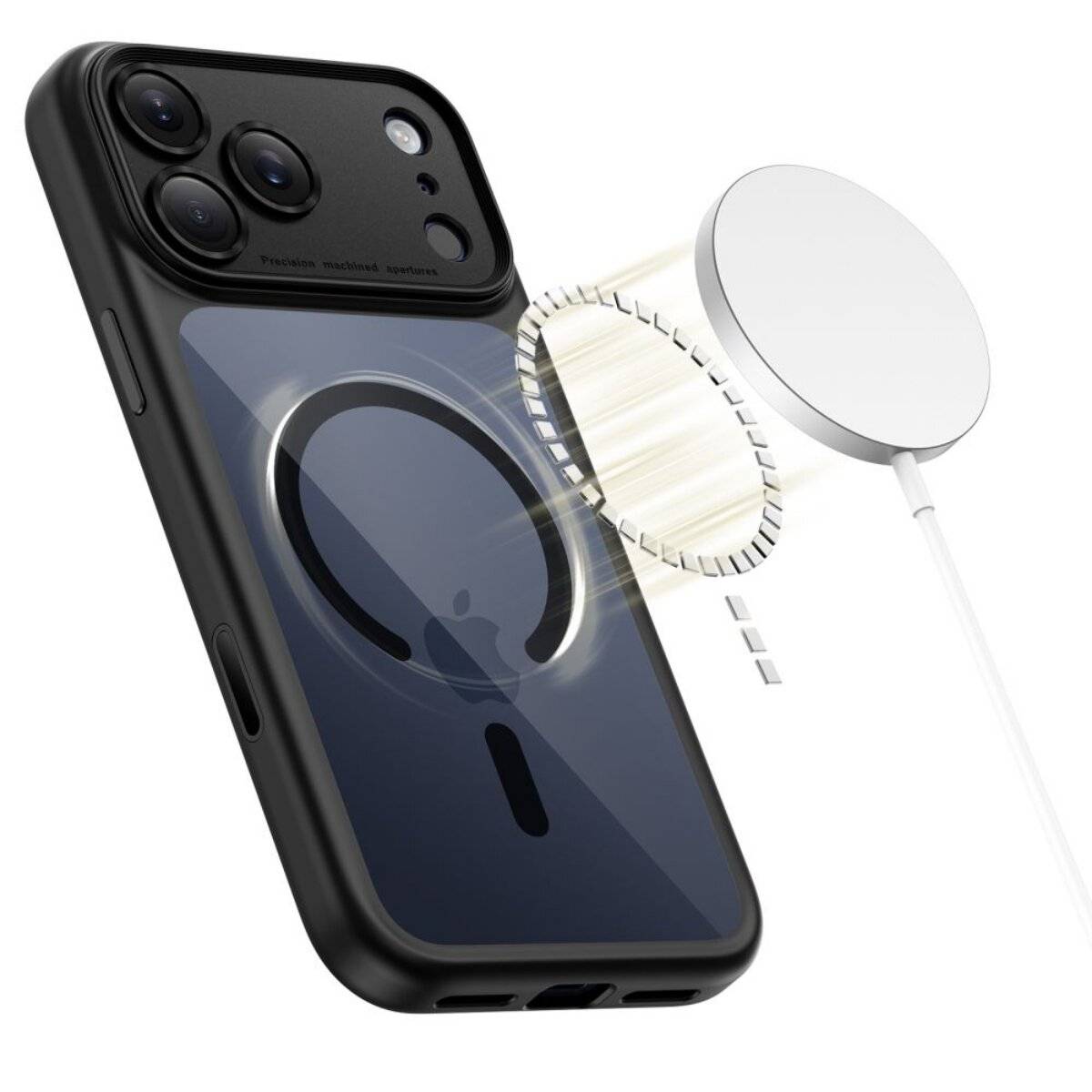 Ein Smartphone mit schwarzem Gehäuse, das MagSafe-Ladekompatibilität zeigt. Ein rundes MagSafe-Ladegerät schwebt in der Nähe der Rückseite des Geräts.