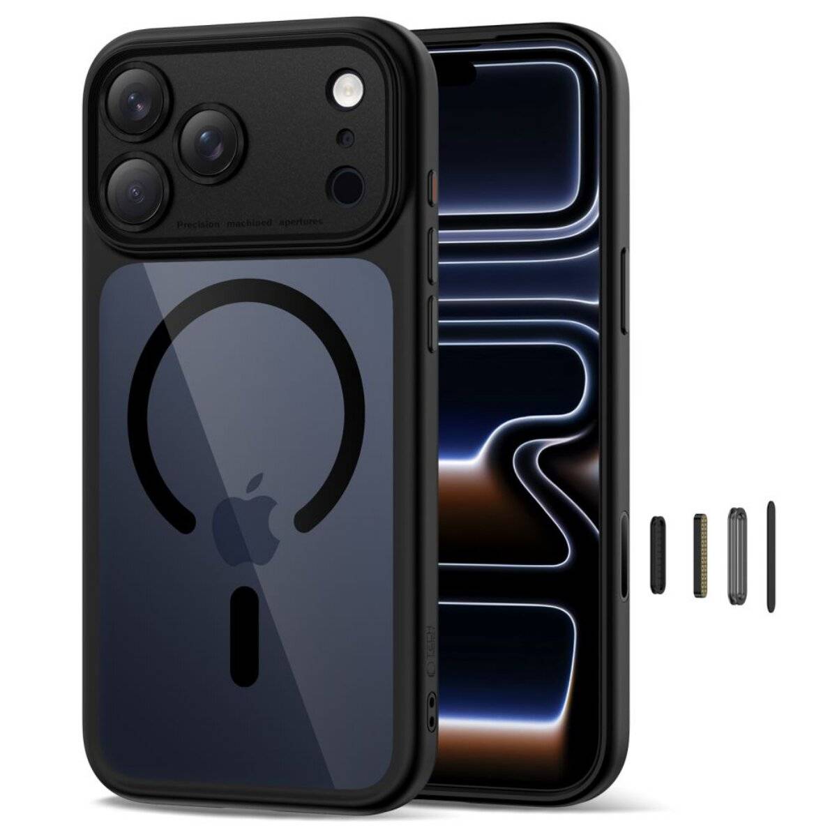 Ein Smartphone mit schwarzem Gehäuse, das auf der Rückseite ein MagSafe-Design aufweist, drei Kameraobjektive und einen Bildschirm mit einem Wellenmuster anzeigt.