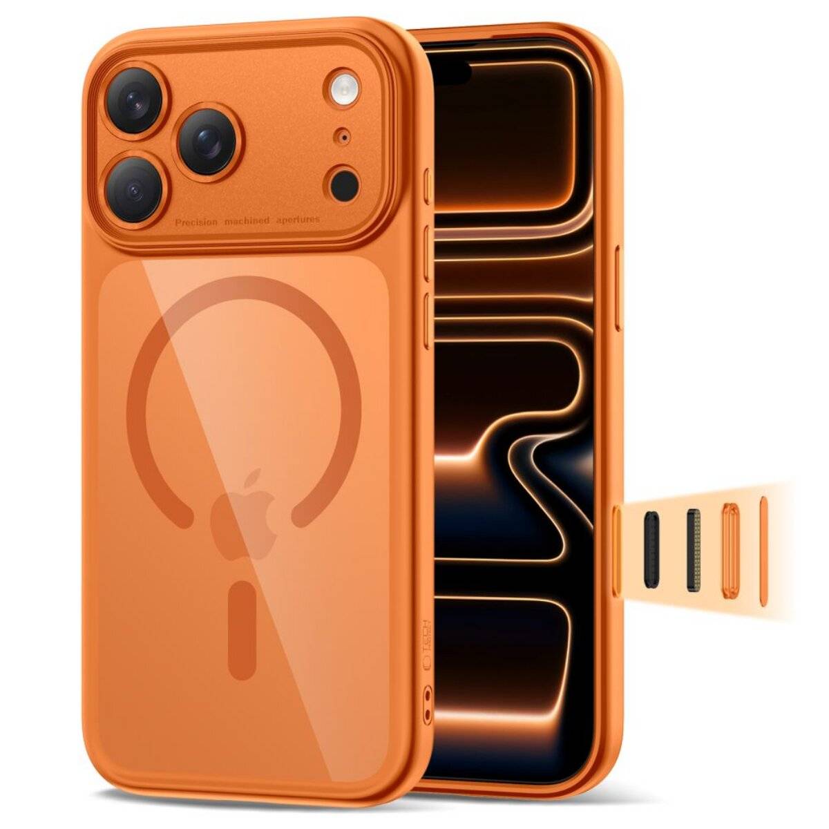 Oranges Smartphone mit Triple-Kamera-Setup und magnetischer Befestigung auf der Rückseite. Der Bildschirm zeigt ein leuchtendes abstraktes Design.