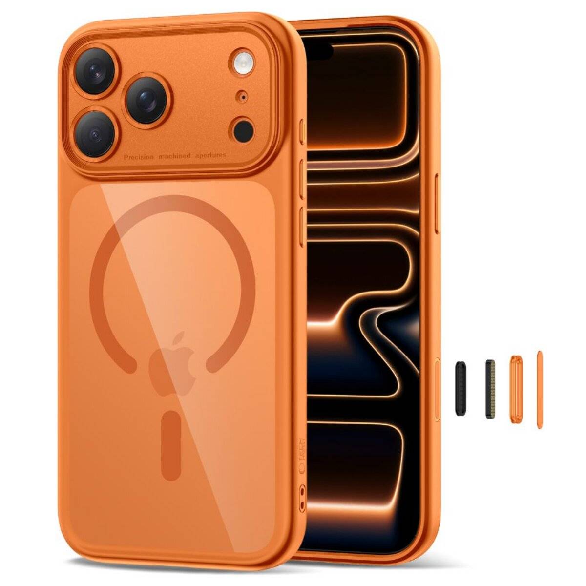 Eine orangefarbene Handyhülle mit transparenter Rückseite, die ein Apple-Logo und ein MagSafe-Design zeigt, neben einem Telefon mit einem leuchtenden Muster auf dem Bildschirm.