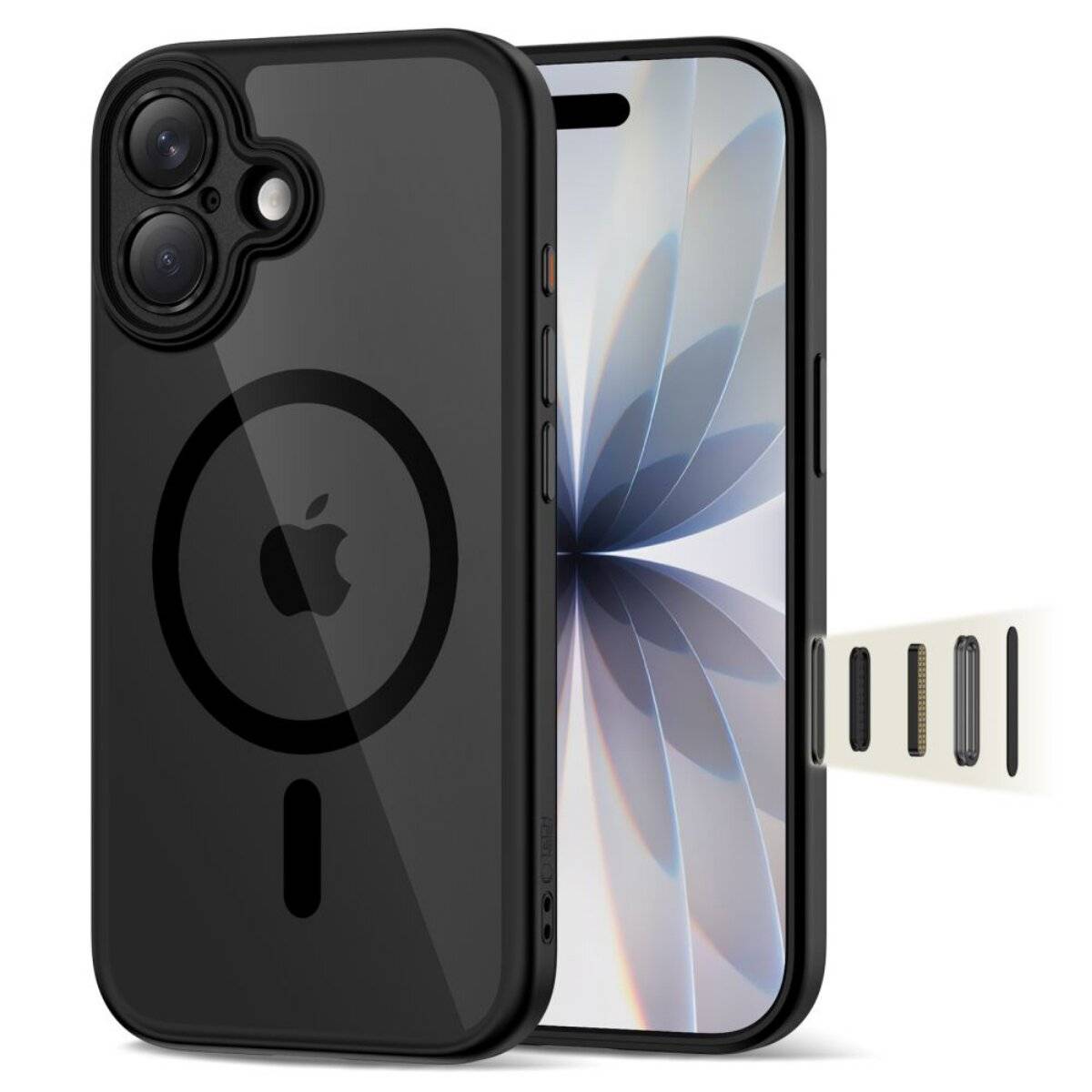 Ein Smartphone mit einer schwarzen Schutzhülle, die auf der Rückseite ein kreisförmiges Design aufweist, neben einem SIM-Karten-Auswurftool positioniert.