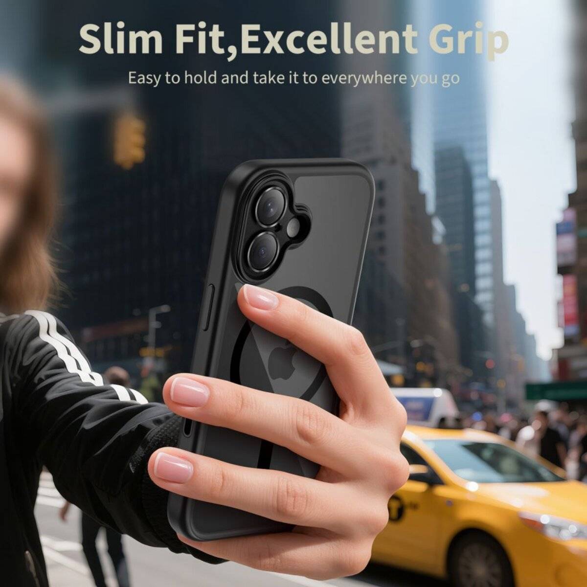 Eine Person hält ein Smartphone mit schwarzer Hülle vor einer unscharfen Stadtstraße. Text: „Slim Fit, ausgezeichneter Griff. Einfach zu halten und überall hin mitzunehmen, wo Sie gehen.