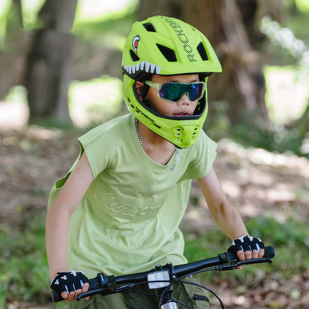 Rockbros TT-32003 Shark Kinderfahrradhelm mit abnehmbarem Kinnschutz, Größe S (48-52) – Grün
