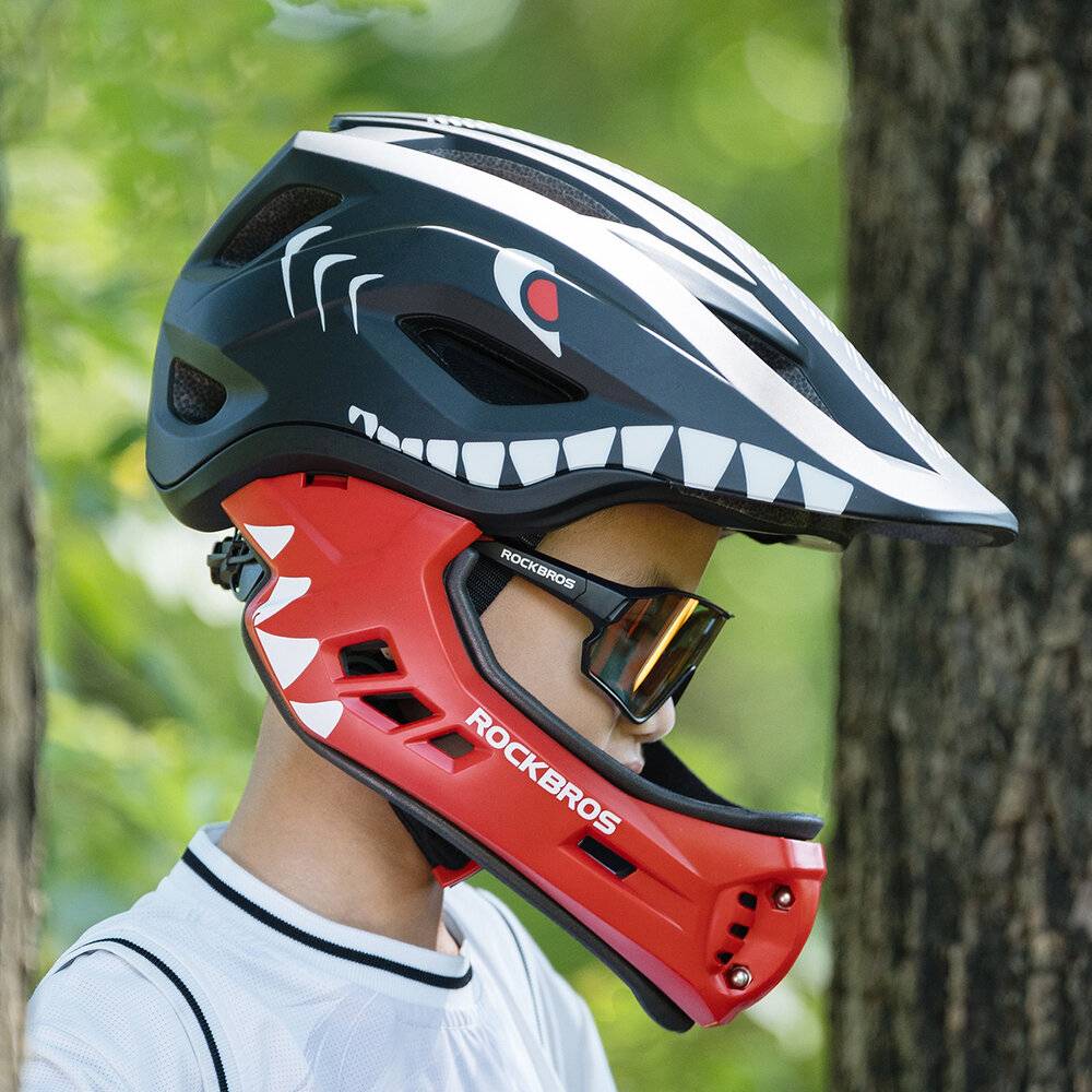 Rockbros TT-32005 Shark Kinderfahrradhelm mit abnehmbarem Kinnschutz, Größe M (54-58) – Schwarz