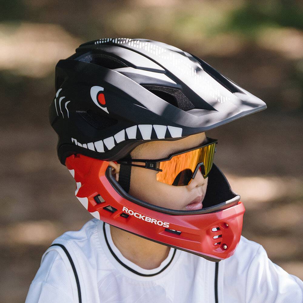 Rockbros TT-32005 Shark Kinderfahrradhelm mit abnehmbarem Kinnschutz, Größe M (54-58) – Schwarz