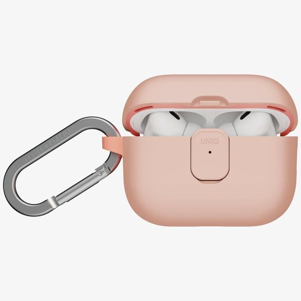 Rosa Ohrhörer in einem offenen Schutzgehäuse mit angebrachtem Karabiner, entwickelt für tragbare Bequemlichkeit und ein stilvolles Aussehen.