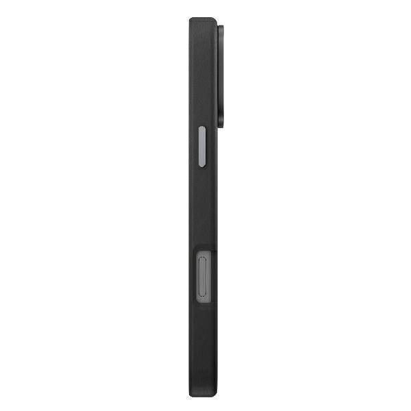 Seitenansicht eines schwarzen Smartphones mit sichtbaren Tasten an der Seite und einer vorstehenden Kameralinse auf der Rückseite.