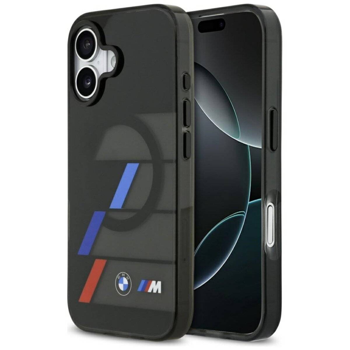 Ein schwarzes Smartphone-Case mit BMW-Logo und M-Serie-Streifen in Blau, Violett und Rot. Ein Telefon mit dunklem Bildschirm wird teilweise eingeführt.