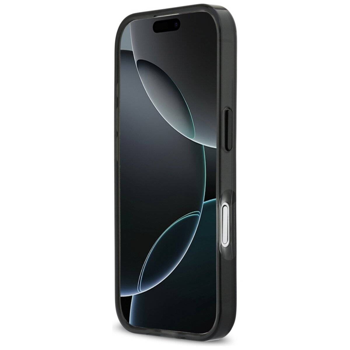 Ein Smartphone in einem schwarzen Etui mit minimalem Design auf dem Bildschirm, angewinkelt, um die rechte Seite und einen Teil der Vorderseite zu zeigen.