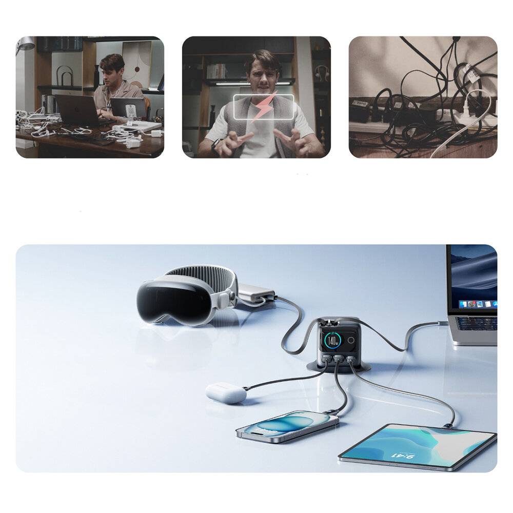 Joyroom Podix JR-TRD01 GaN 140W Desktop-Ladegerät 5 Anschlüssen zwei einziehbaren Kabeln – Grau