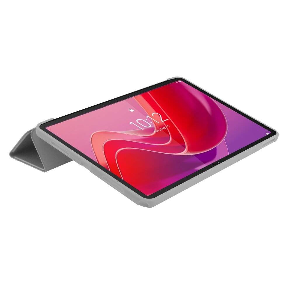 Ein Tablet mit einem roten und rosa abstrakten Bildschirm, in einer Ständerposition dargestellt, auf dem die Uhrzeit „10:12