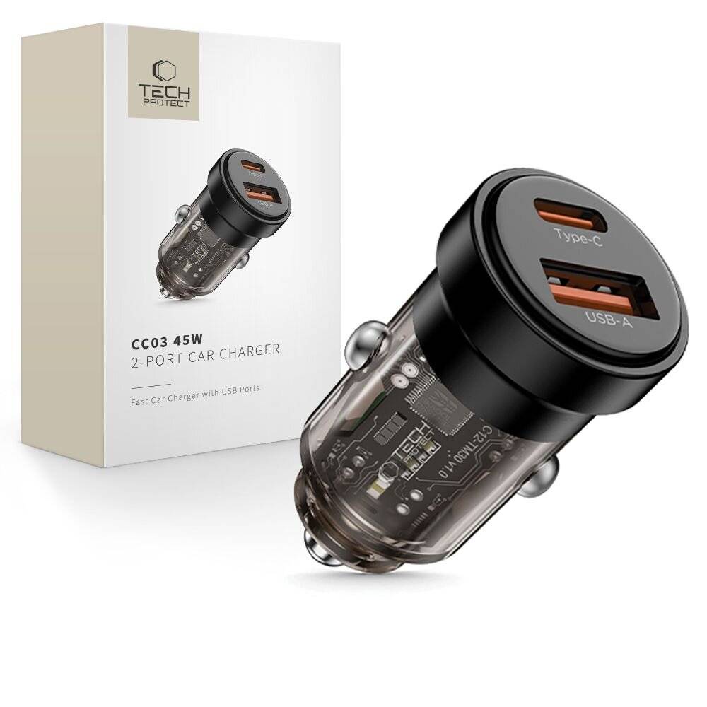 Autoladegerät mit USB Type-C und USB-A Anschlüssen wird neben seiner Verpackung gezeigt, mit der Bezeichnung „CC03 45W 2-Port Autoladegerät