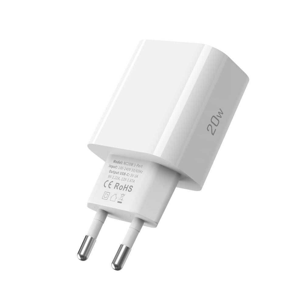 Ein weißes 20W USB-Wandladegerät mit zweipoliger europäischer Steckdose, gekennzeichnet mit Leistungsspezifikationen und Zertifizierungssymbolen auf der Seite.