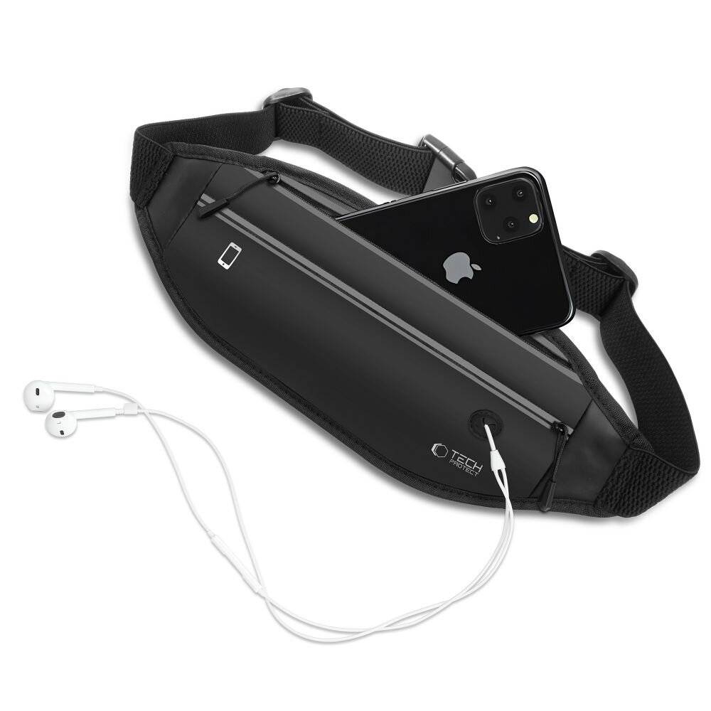 Schwarze Hüfttasche mit einem Telefon in der Tasche und weißen Kopfhörern, die zeigen, dass die Tasche Stauraum für Aktivitäten bietet.