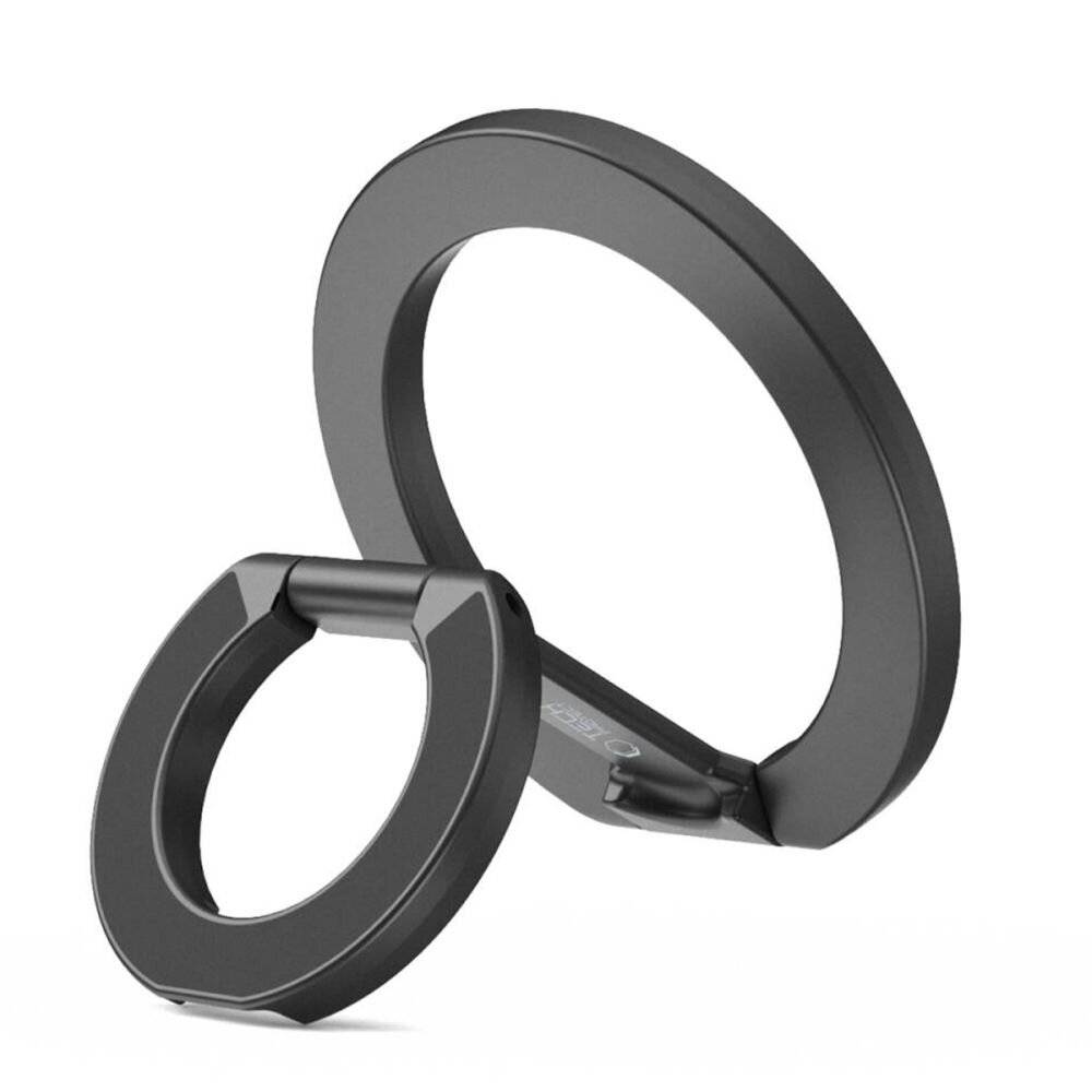 Metallring-Halter in stehender Position mit sichtbarem Scharniersmechanismus, geeignet zum Anbringen an Geräten für Griffigkeit oder Standzwecke.