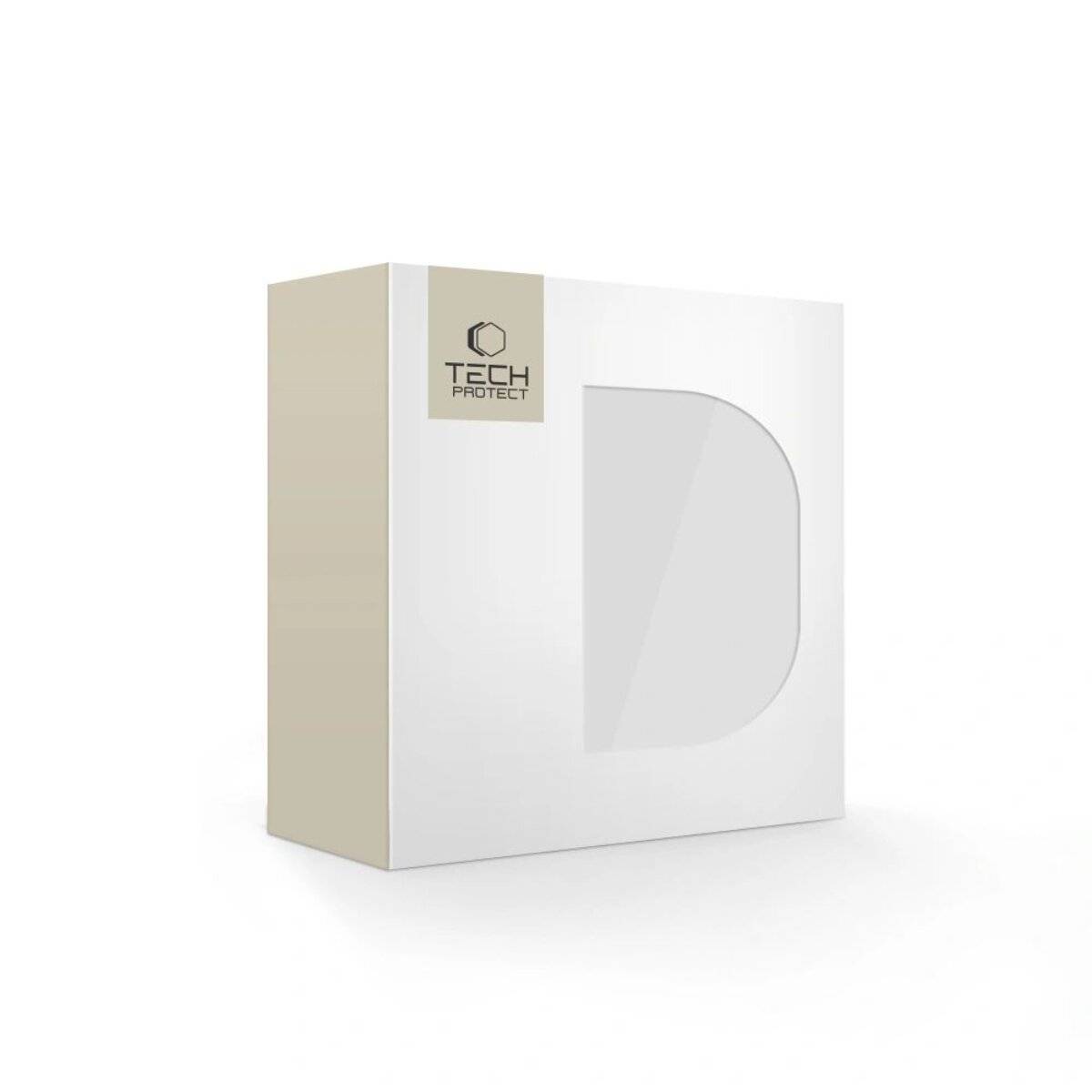 Eine weiße Box mit einer goldfarbenen Seite zeigt das 'Tech Protect' Logo. Die Box hat ein minimalistisches Design mit einer ausgestanzten Form auf einer Seite.