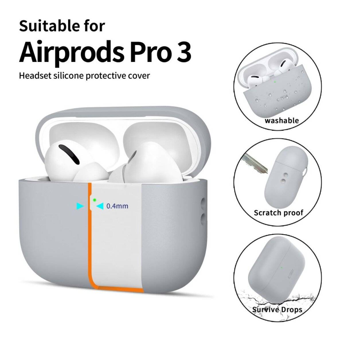Bild von AirPods Pro 3 in einem grauen Silikon-Schutzetui. Zu den Funktionen gehören Waschbarkeit, Kratzerbeständigkeit und Stoßfestigkeit.