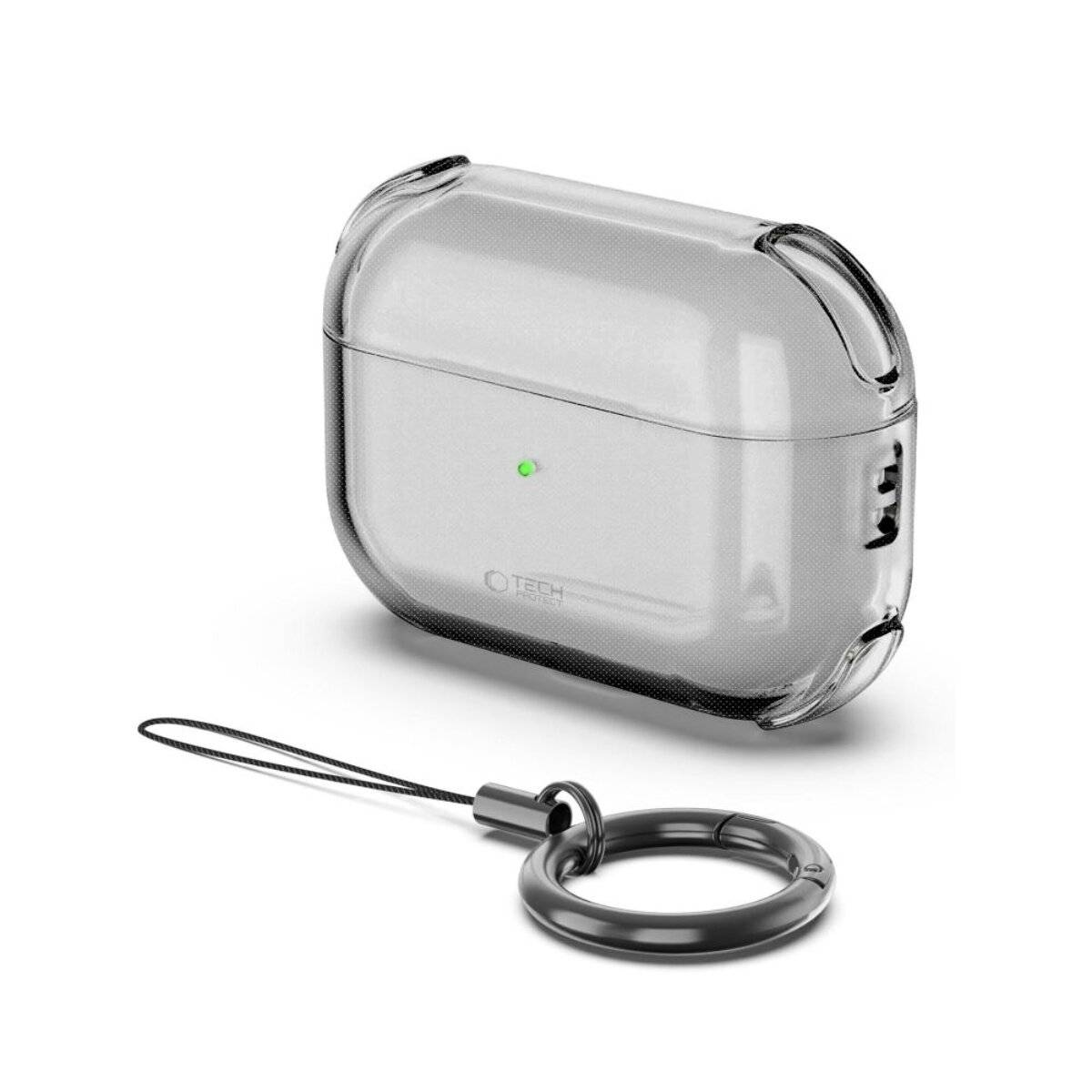 Transparente Schutzbox für kabellose Ohrhörer mit grüner Ladeanzeige, schwarzem Handgelenkband und Ring.
