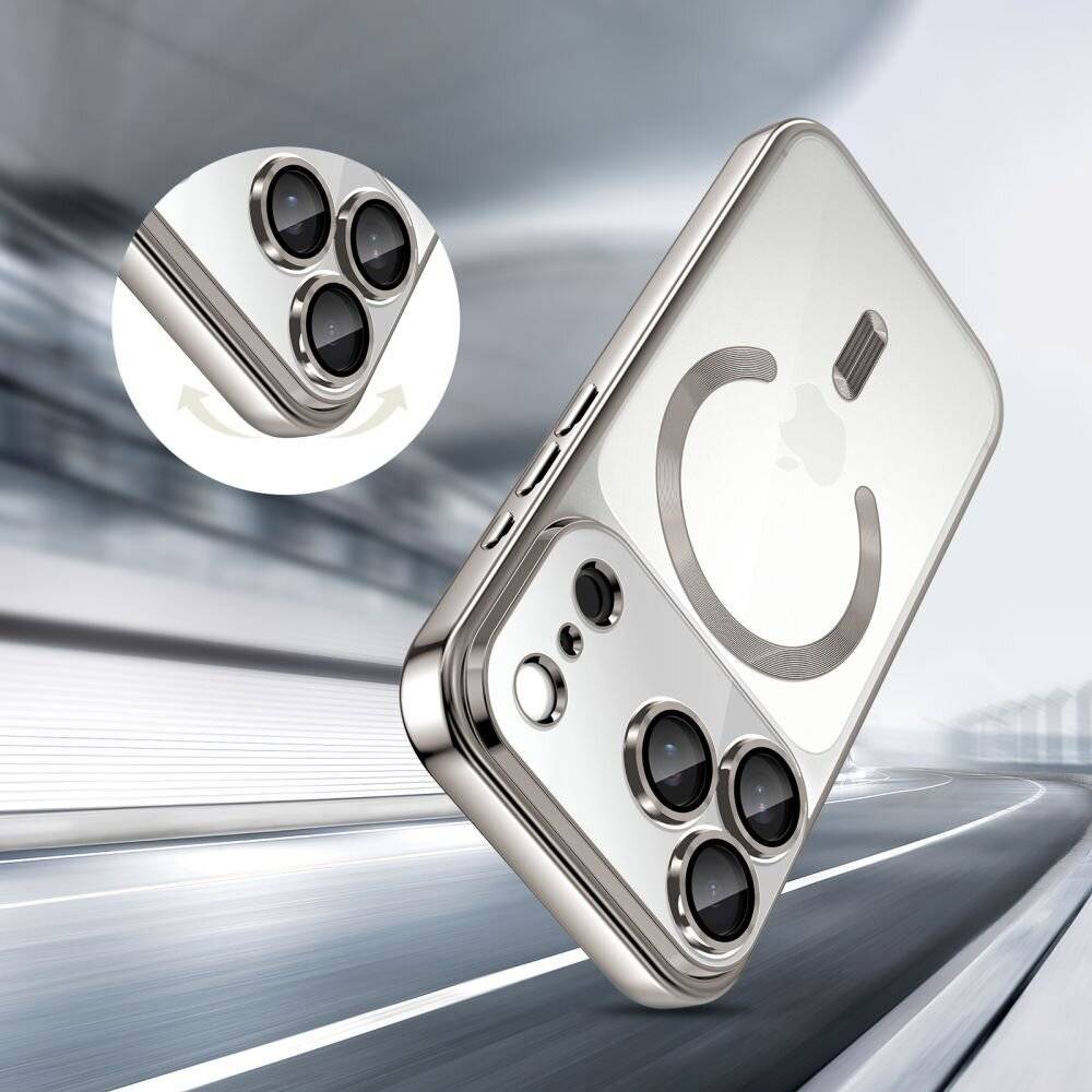 Ein glänzendes Smartphone mit einer Dreifach-Kamera und einem kreisförmigen metallischen Ring auf der Rückseite, das über einem unscharfen städtischen Straßenhintergrund schwebt.