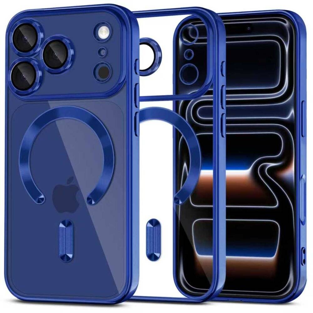 Drei blaue Smartphone-Hüllen mit transparenten Rückseiten zeigen kreisförmige magnetische Designs mit Kameraausschnitten und eleganten Kanten.