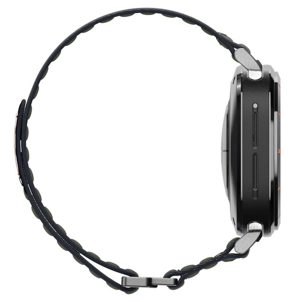 Seitenansicht einer schwarzen Smartwatch mit rundem Zifferblatt und Tasten auf der rechten Seite, mit schwarzem Armband und Dornschließe.