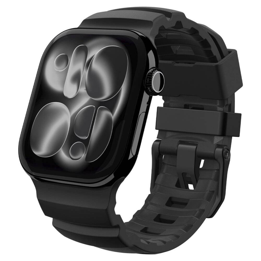 Eine elegante schwarze Smartwatch mit glänzendem Display, auf dem abstrakte kreisförmige Muster angezeigt werden, ausgestattet mit einem Gummiarmband und einer Metallschließe.