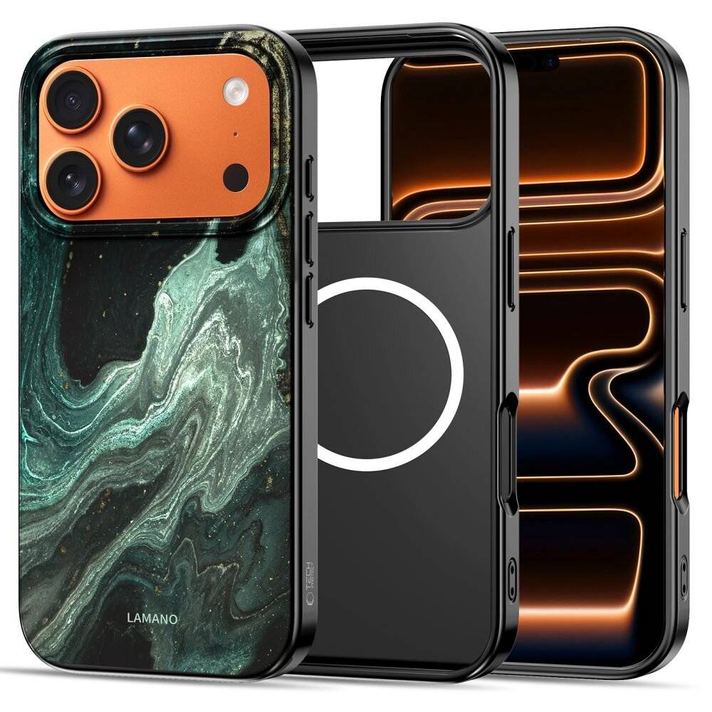 Drei Handyhüllen mit unterschiedlichen Designs und Farben, mit einem Marmormuster, einer durchgehend orangefarbenen und einer Kombination aus beiden.