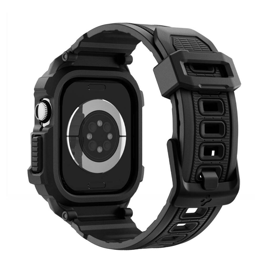Eine robuste, schwarze Smartwatch mit einem dicken, strukturierten Armband und einem sichtbaren hinteren Sensor, konzipiert für Langlebigkeit und Outdoor-Aktivitäten.