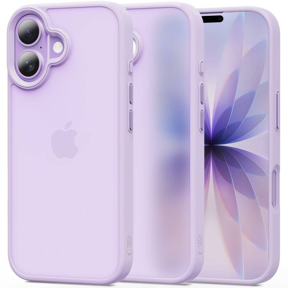 Ein lila Handyhülle mit doppeltem Kameraausschnitt, die ein Telefon mit einem floralen Hintergrundbild auf dem Bildschirm schützt.