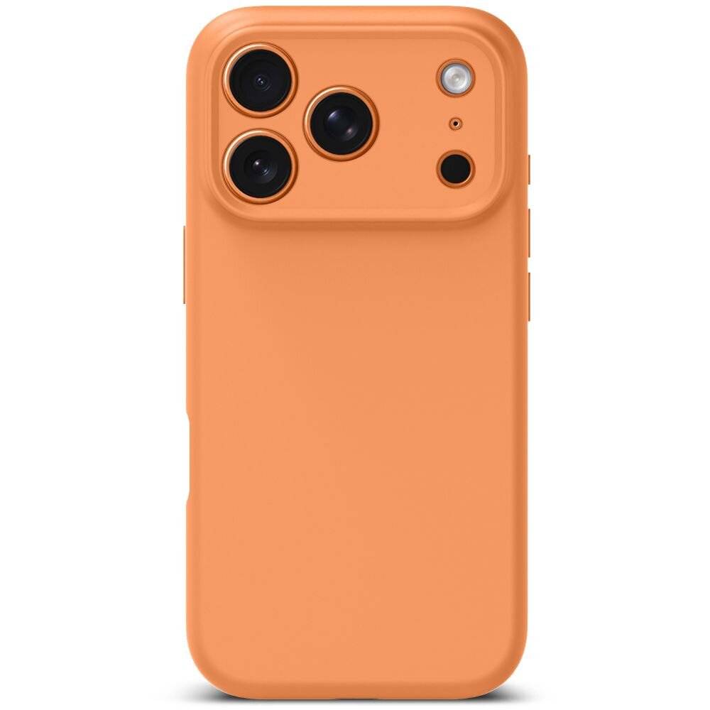 Orange Handyhülle mit Aussparungen für drei Rückfahrtkameraobjektive und Blitz auf der Rückseite des Telefons.