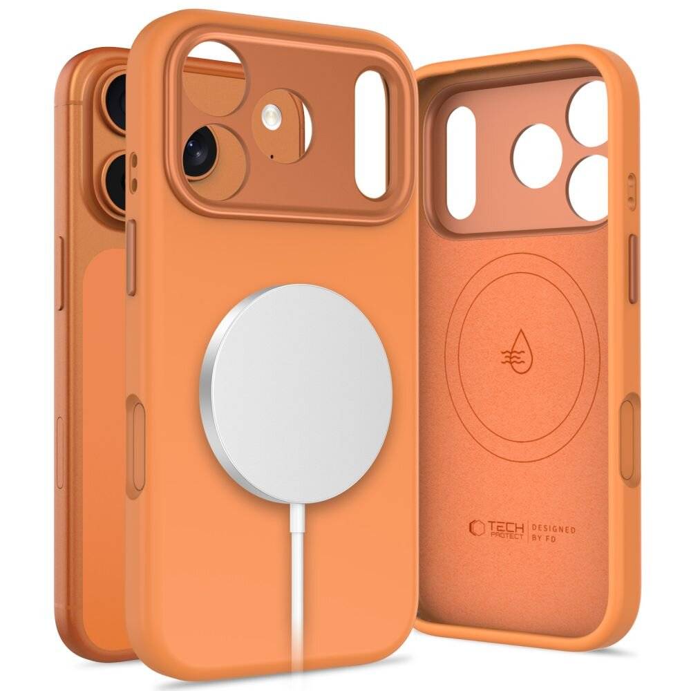 Drei orangefarbene Handyhüllen mit kreisförmigen Aussparungen für Kamera und Ladefunktion, eine mit angebrachtem magnetischem Ladegerät, das MagSafe-Kompatibilität demonstriert.