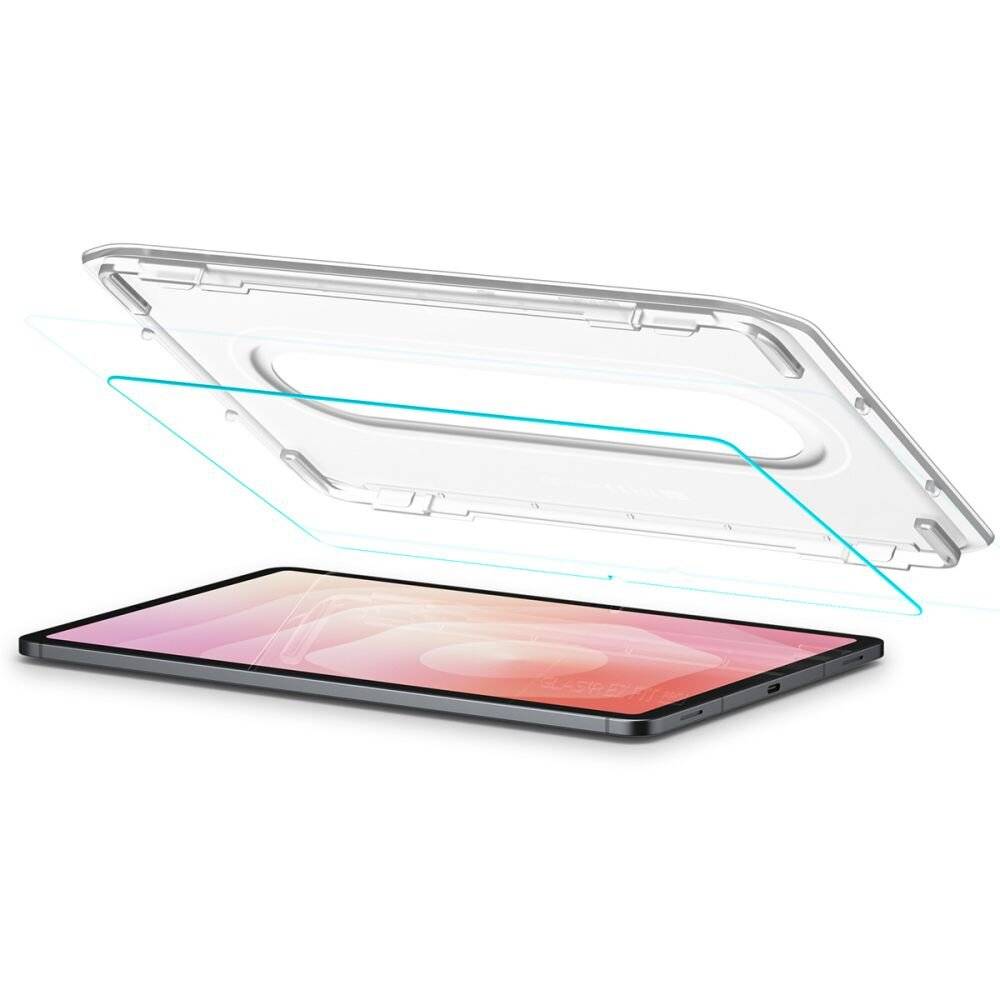 Ein klares rechteckiges Displayschutzglas schwebt über einem Tablet mit pinkem Display und zeigt, wie es auf das Gerät passt.